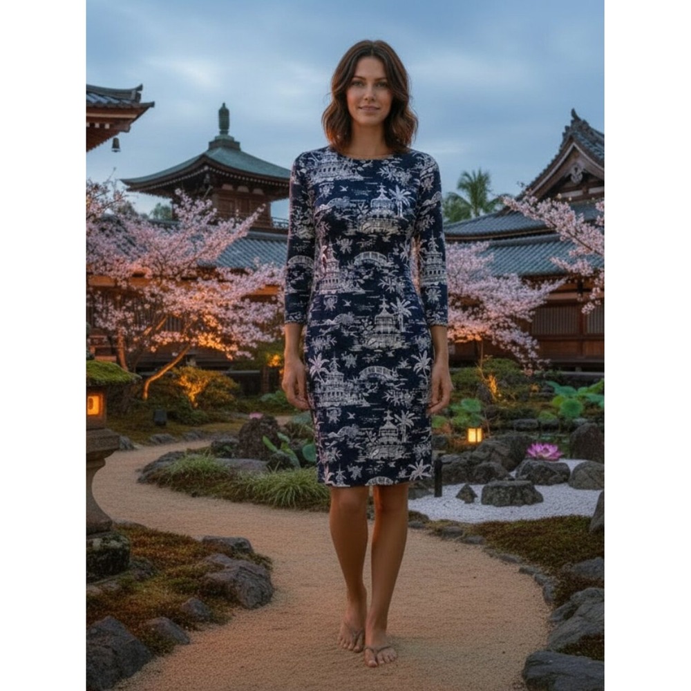 J.McLaughlin Navy Blue Cream Chinoiserie Toile Sheath Dress XS 3/4 Sleeve Pagoda